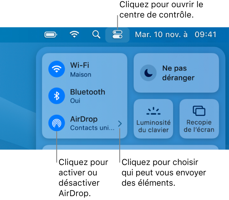 Une fenêtre du Centre de contrôle affichant les commandes qui permettent d’activer ou de désactiver AirDrop, et de choisir les personnes autorisées à vous envoyer des éléments.