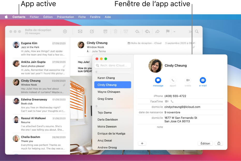 Un exemple de bureau avec plusieurs fenêtres ouvertes, mais une seule app active.