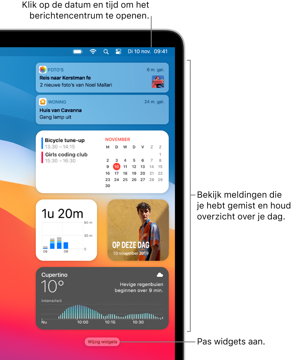 Meldingen en widgets in het berichtencentrum.