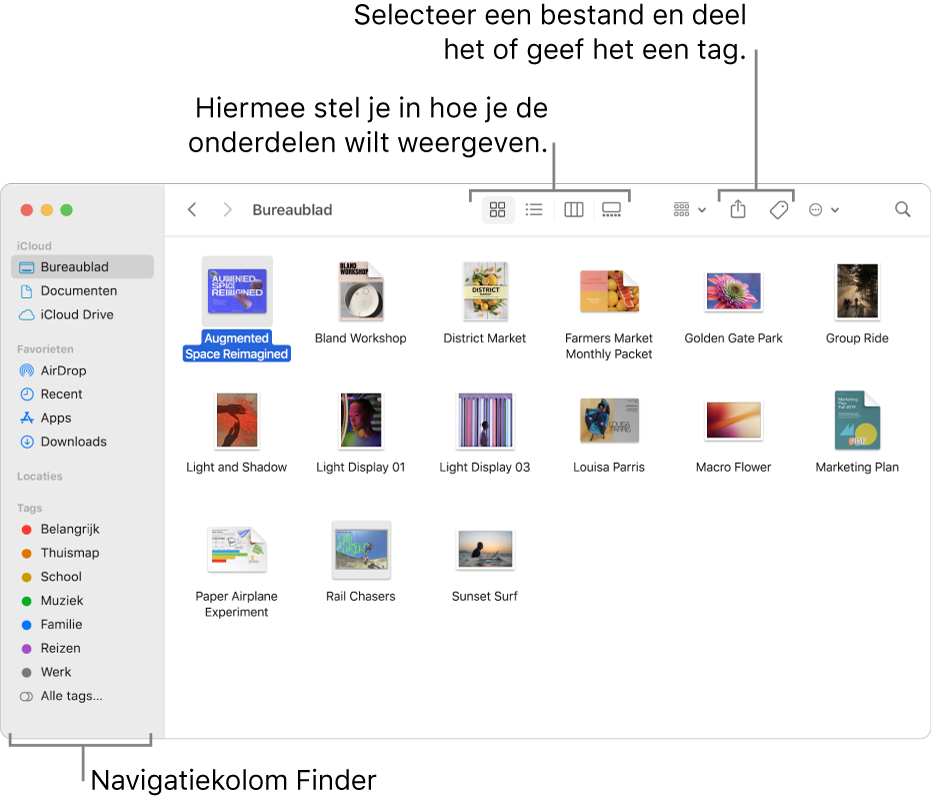 Een Finder-venster met links de Finder-navigatiekolom. Boven in het venster staan vier knoppen waarmee je de weergave van onderdelen in het venster kunt wijzigen. Ook zijn er knoppen voor het ordenen en delen van onderdelen.