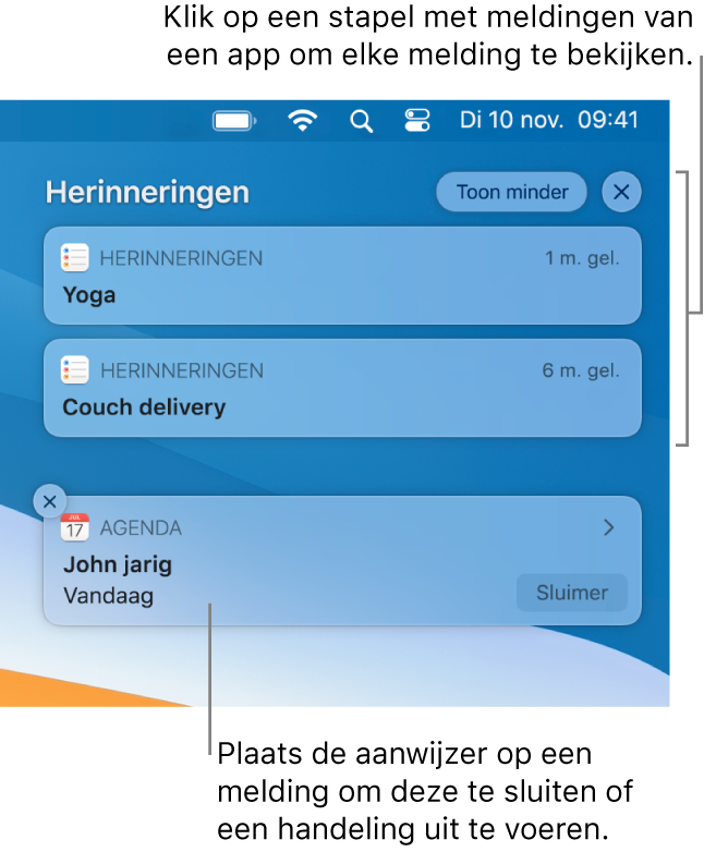 Appmeldingen rechtsboven in het bureaublad, met onder andere een stapel van twee Herinneringen-meldingen met een knop 'Toon minder' om de stapel samen te vouwen, en een Agenda-melding met een knop 'Sluimer'.