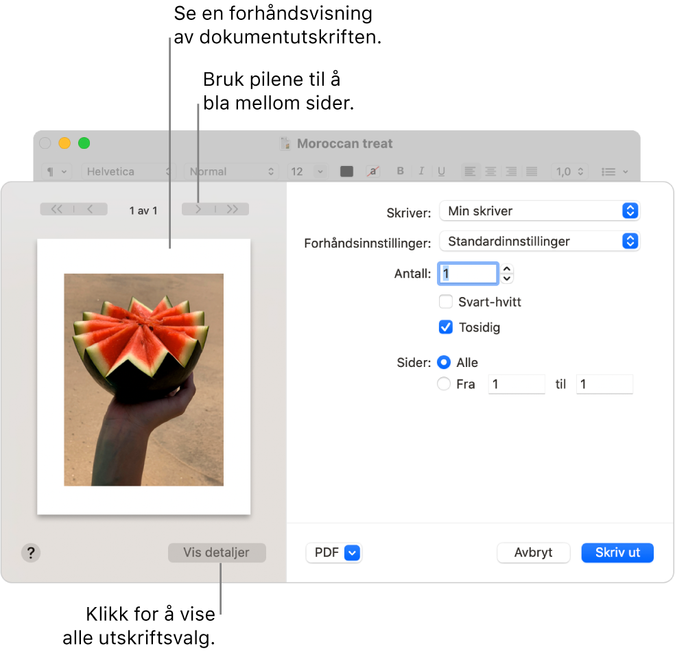 Skriv ut-dialogruten viser en forhåndsvisning av utskriftsjobben. Klikk på Vis detaljer-knappen for å vise alle utskriftsvalg.
