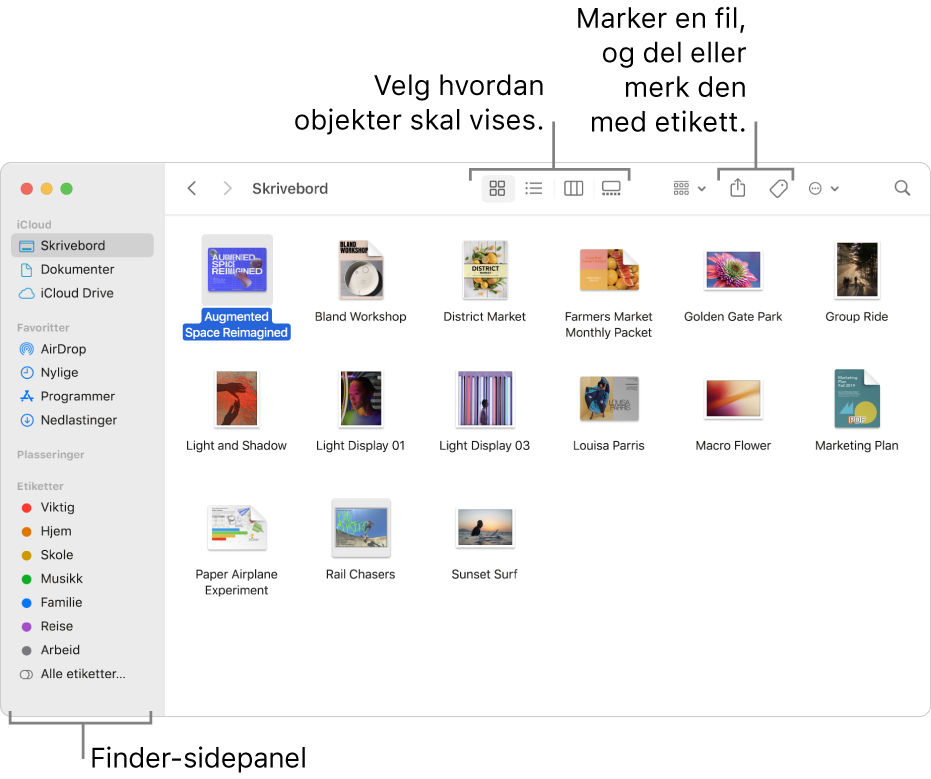 Et Finder-vindu med Finder-sidepanelet til venstre. Øverst i vinduet er det fire knapper som endrer hvordan objektene vises i vinduet, og ekstra knapper for å organisere og dele objekter.