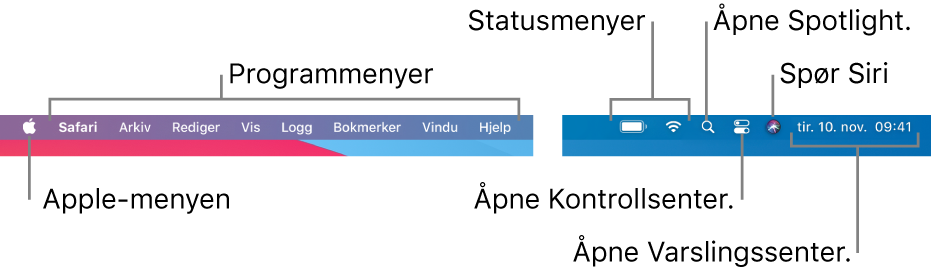 Menylinjen. Til venstre er Apple-menyen og programmenyer. Til høyre er statusmenyer, Spotlight, Kontrollsenter, Siri og Varslingssenter.