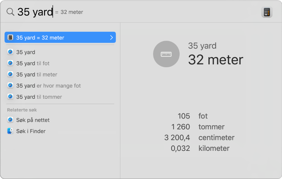 Spotlight-vinduet, som viser en konvertering fra yards til meter i søkefeltet. Til venstre er en liste med søkeresultater. Flere konverteringer vises i forhåndsvisningen til høyre.