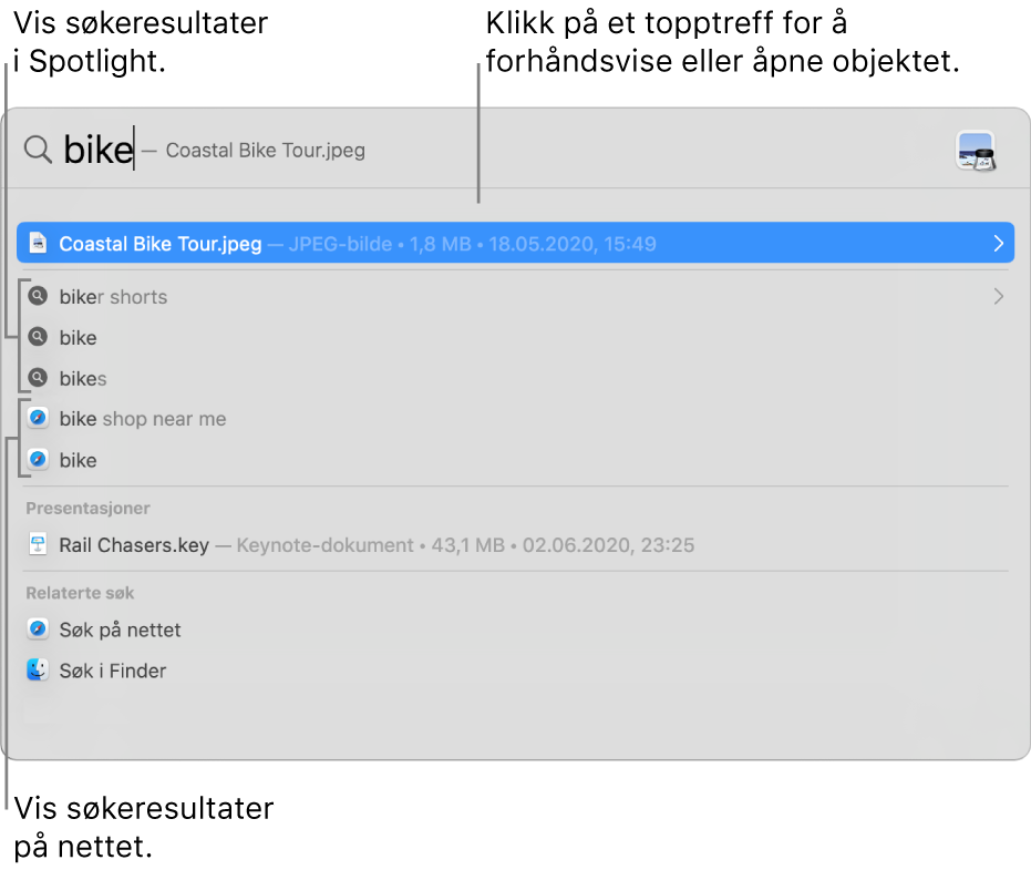 Spotlight-vinduet viser søketekst i søkefeltet øverst i vinduet, og resultater under.