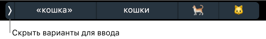 Различные варианты для ввода, в том числе слова и эмодзи, и кнопка слева, позволяющая скрыть их.