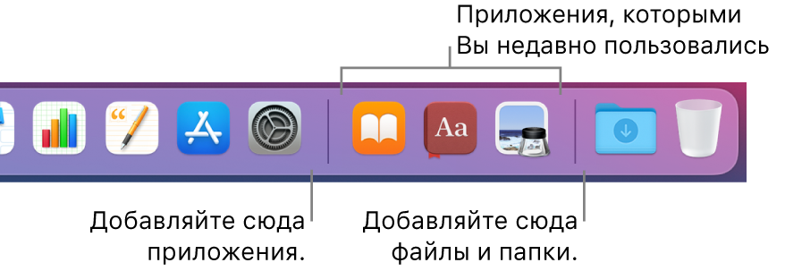 Правый конец панели Dock. Показаны разделительные линии до и после раздела недавно использованных приложений.