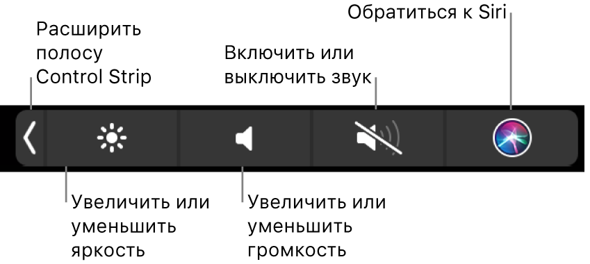 На свернутой полосе управления Control Strip есть следующие кнопки (слева направо): раскрытие Control Strip, увеличение и уменьшение яркости и громкости, включение и отключение звука, обращение к Siri.