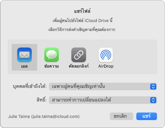 หน้าต่างแชร์ไฟล์ที่กำลังแสดงแอพที่คุณสามารถใช้เพื่อสร้างคำเชิญได้และตัวเลือกสำหรับแชร์เอกสาร