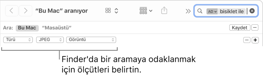 Arama ölçütü belirtme alanlarını gösteren Finder penceresi.