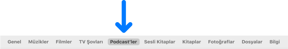 Podcast’ler’i seçili olarak gösteren düğme çubuğu.