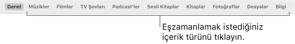 Genel düğmesini ve müzik, filmler, TV şovları ve daha fazlası gibi içeriklerin düğmelerini gösteren düğme çubuğu.