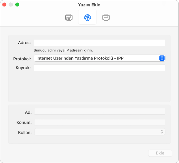IP protokolünü kullanarak bir yazıcı ayarlamaya yönelik IP seçeneklerini gösteren Yazıcı Ekle sorgu kutusu.