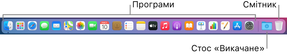 Панель Dock з іконками програм, стосом викачаного і смітником.