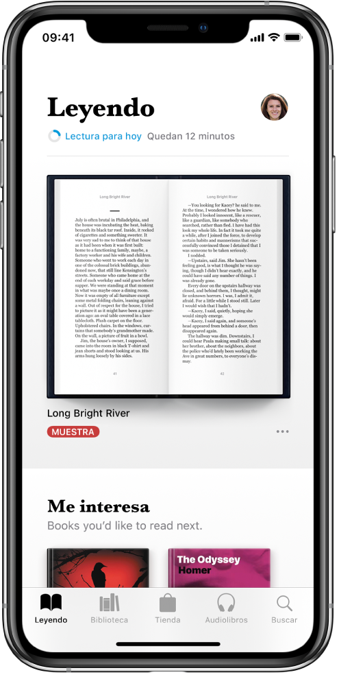 La pestaña Leyendo de la app Libros. En la parte inferior de la pantalla, de izquierda a derecha, se encuentran las pestañas Leyendo, Biblioteca, Tienda, Audiolibros y Buscar.