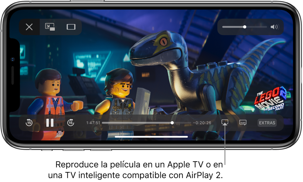 Una película reproduciéndose en la pantalla de iPhone. En la parte inferior de la pantalla se encuentran los controles de reproducción, incluyendo el botón “Duplicar pantalla” cerca de la parte inferior derecha.