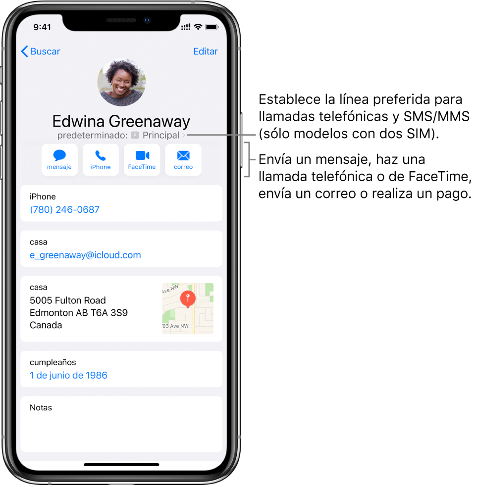 La pantalla de información de un contacto. En la parte superior se encuentra el nombre y la foto del contacto. Debajo se encuentran los botones para enviar un mensaje, realizar una llamada de teléfono, realizar una llamada de FaceTime, enviar un mensaje de correo y enviar dinero con Apple Pay. Debajo de los botones se encuentra la información de contacto.