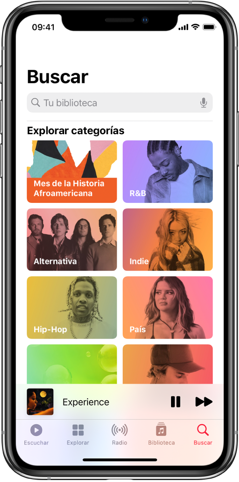 La pantalla Buscar mostrando un campo de búsqueda en la parte superior. La sección “Explorar categorías” debajo muestra ocho categorías.