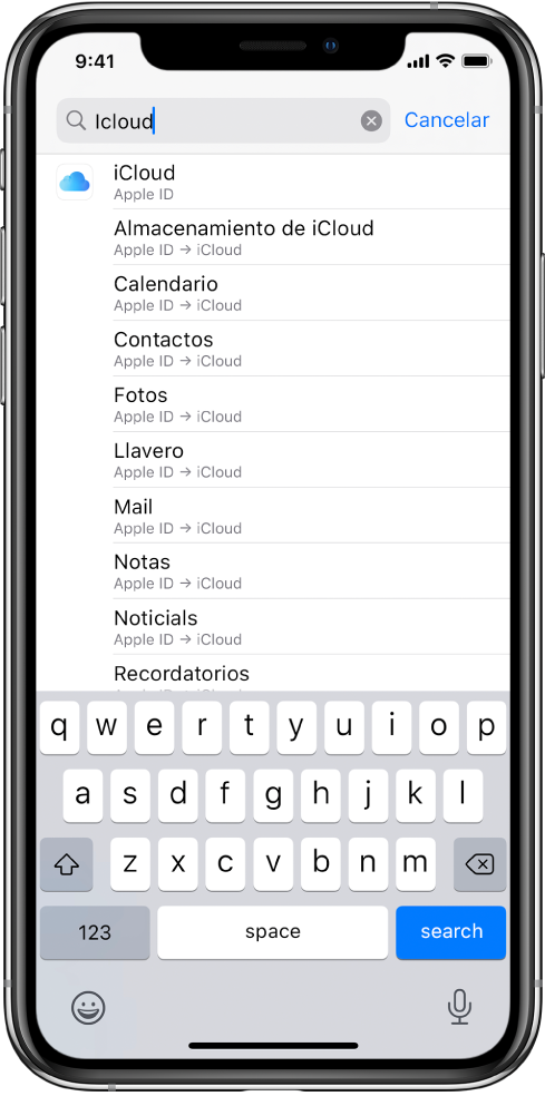 La pantalla de búsqueda de configuraciones con el campo de búsqueda en la parte superior. El campo de búsqueda tiene el término "iCloud" y debajo se muestran los resultados de búsqueda en una lista.