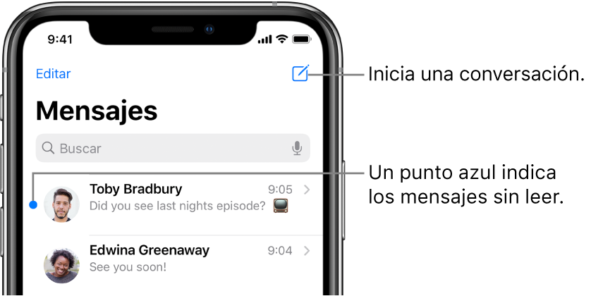 La lista Mensajes, con el botón Editar en la parte superior izquierda y el botón Redactar en la parte superior derecha. Un punto azul a la izquierda del mensaje indica que no se ha leído.