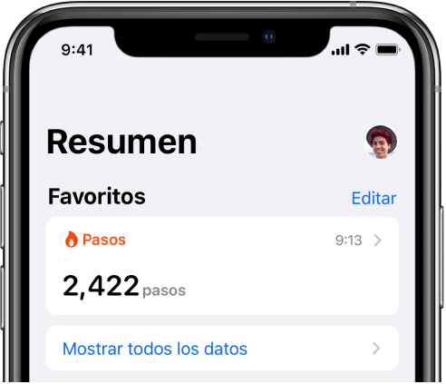 La pantalla Resumen mostrando una foto de perfil en la parte superior derecha.