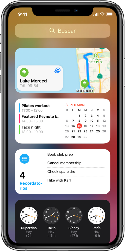 Widgets de la visualización Hoy en el iPhone, incluyendo los widgets de Mapas, Calendario, Recordatorios y Reloj.