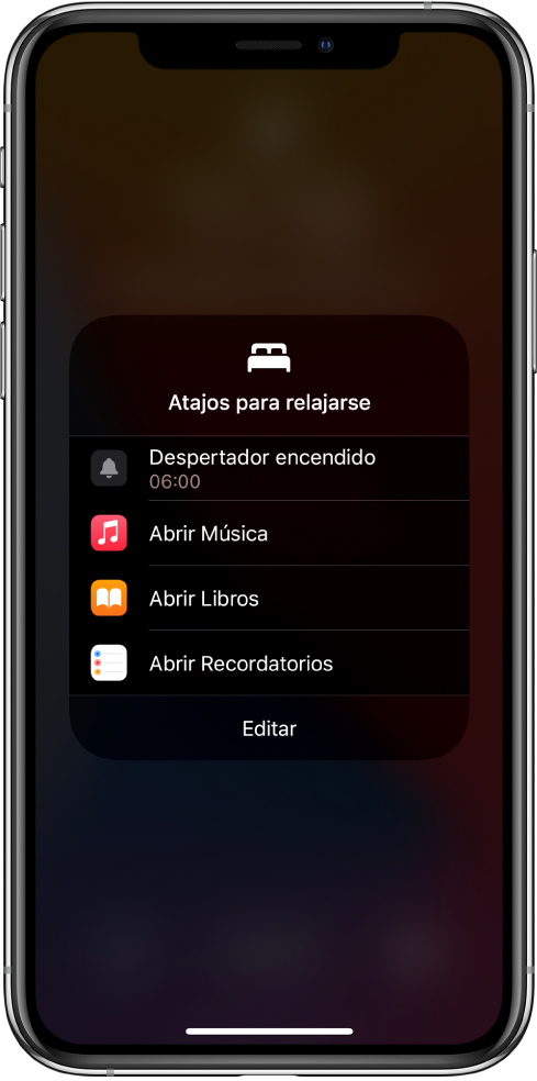 La pantalla “Atajos para relajarse” con atajos para abrir Música, Libros y Recordatorios.