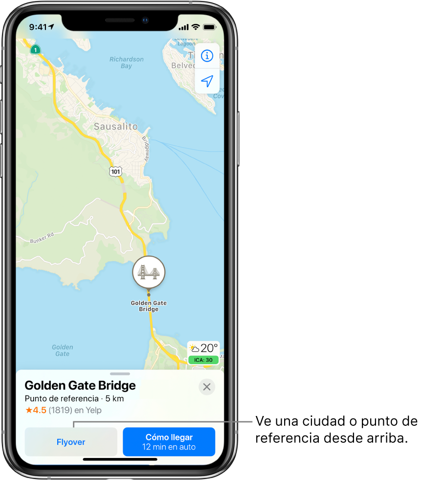 Un mapa de San Francisco. En el área inferior de la pantalla, una tarjeta de información del puente Golden Gate muestra el botón Flyover a la izquierda del botón "Cómo llegar".