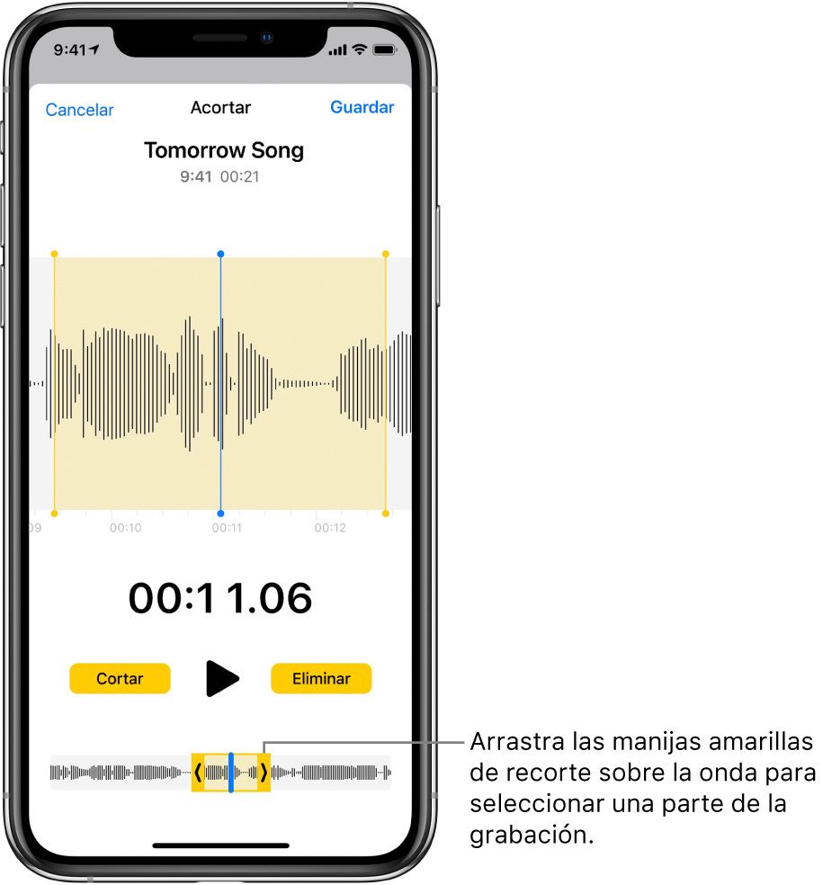 Una grabación se recorta usando las manijas de recorte al separar una parte de la onda de audio en la parte inferior de la pantalla. Encima de la onda aparecen el botón Reproducir y un temporizador de grabación. Las manijas de recorte se encuentran debajo del botón Reproducir. El botón Recortar para eliminar la parte de la grabación afuera de las manijas y el botón Eliminar para eliminar la parte de la grabación dentro de las manijas se encuentran en cada lado del botón Reproducir.
