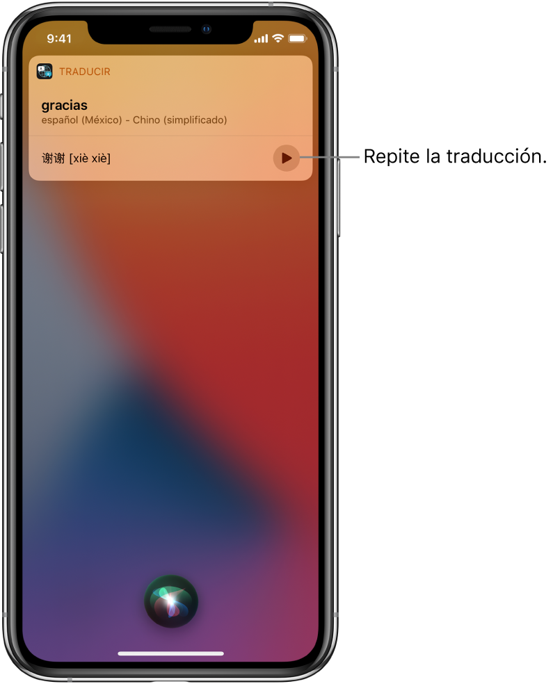 Siri muestra una traducción de la frase en inglés “thank you” al chino mandarín. En la parte inferior a la derecha de la traducción se encuentra un botón que vuelve a reproducir la traducción.