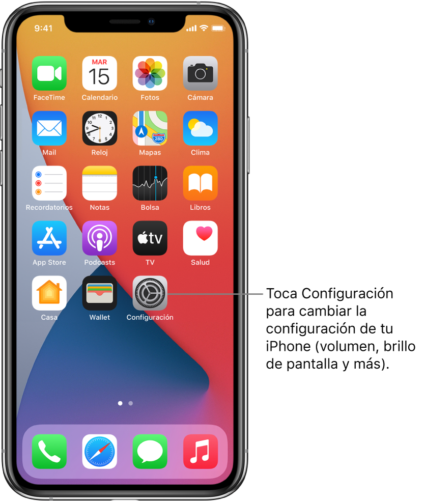 Pantalla de inicio con varios íconos de apps, incluyendo el ícono de la app Configuración, que puedes tocar para modificar el nivel del volumen del iPhone, el brillo de la pantalla y más.