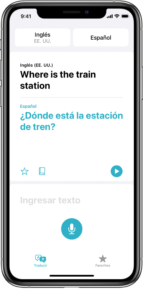 La pestaña Traducir mostrando dos selectores de idiomas (inglés y español) en la parte superior, una traducción en el centro y el campo “Ingresar texto” cerca de la parte inferior.