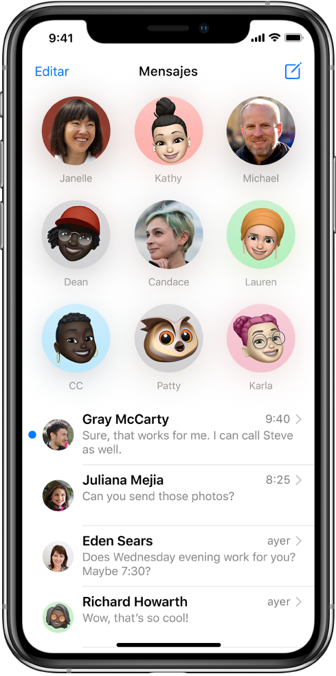 La lista de conversaciones de Mensajes. En la parte superior varias personas están marcadas para permitir el acceso rápido a sus conversaciones. La lista de conversaciones se encuentra abajo.