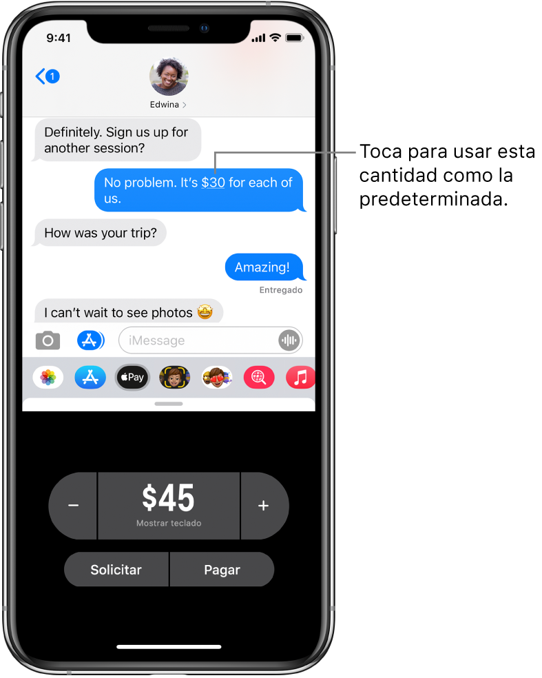 Conversación de iMessage con la app Apple Pay abierta en la parte inferior.