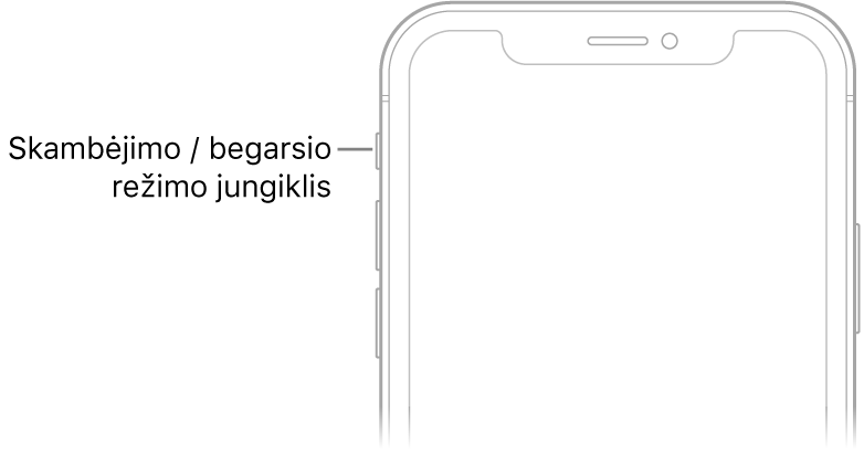 Viršutinė „iPhone“ priekinės pusės dalis ir paaiškinimas, kuriame nurodytas skambėjimo / tylos jungiklis.