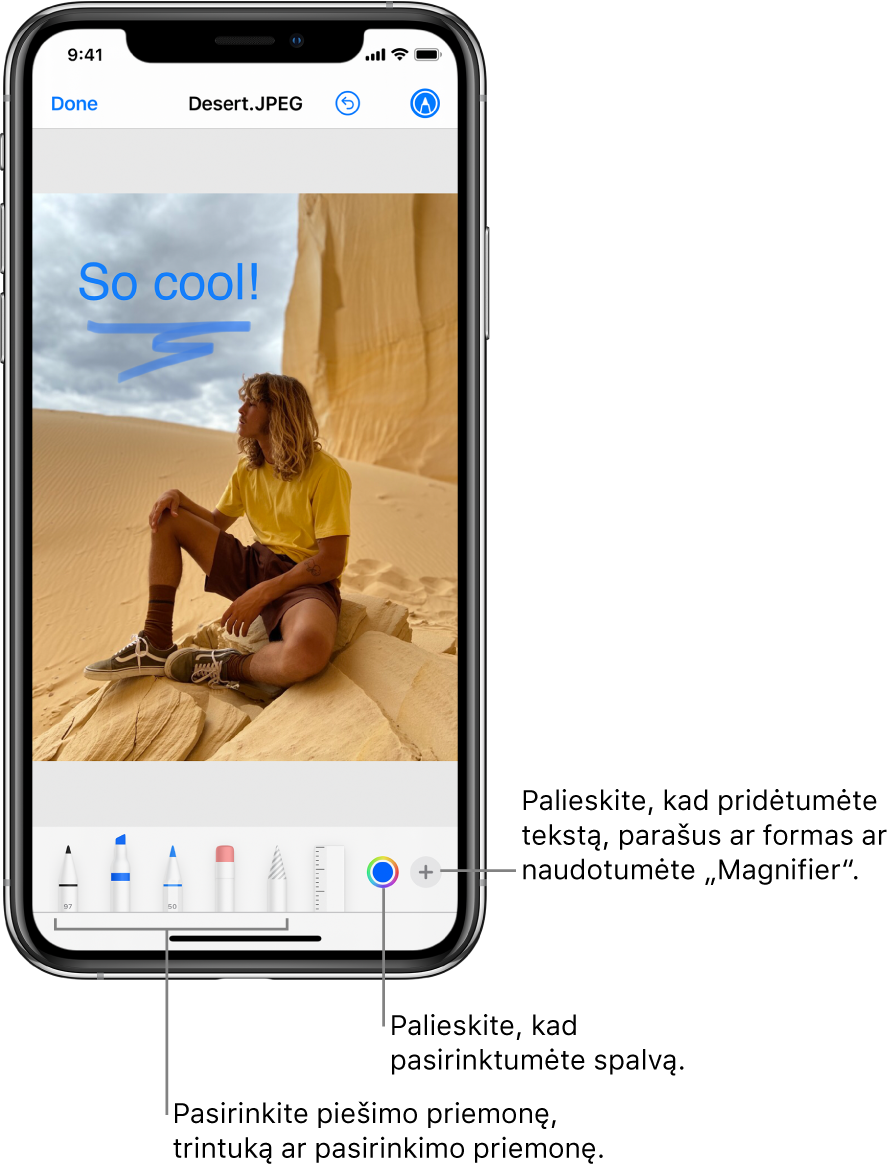 Vaizdas, redaguojamas naudojant „Markup“. Po vaizdu iš kairės į dešinę yra mygtukas „Markup“ įrankiams: rašikliai piešti, trintukas, žymėjimo įrankis, spalvos ir mygtukai teksto laukeliui pridėti, jūsų parašas ir formos bei mygtukas, skirtas pasirinkti „Magnifier“.