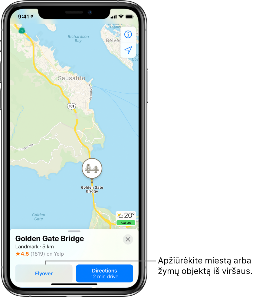 San Francisko žemėlapis. Ekrano apačioje esančioje Auksinių vartų tilto informacijos kortelėje, mygtuko „Directions“ kairėje pusėje, rodomas mygtukas „Flyover“.