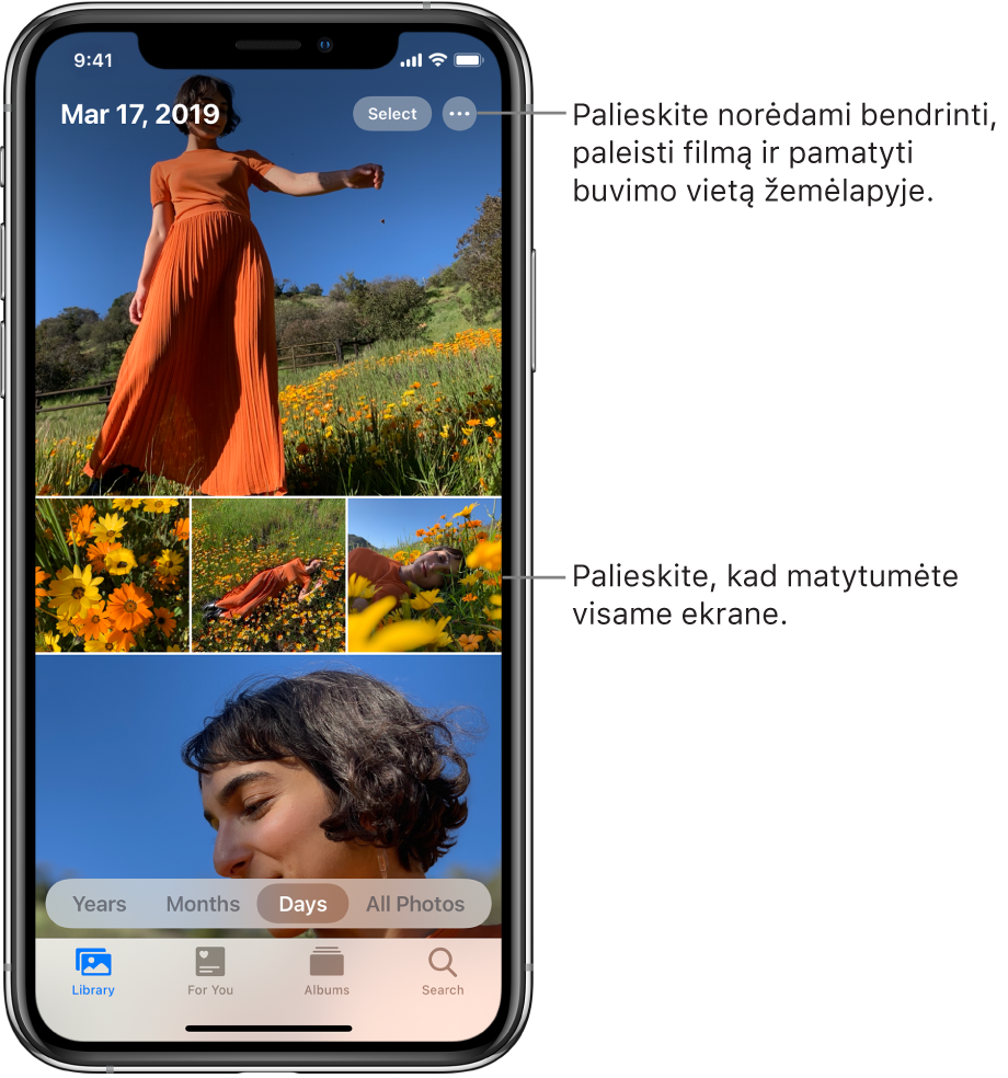 Dienų rodinyje rodoma nuotraukų biblioteka. Ekraną užpildo pasirinktos nuotraukų miniatiūrų rinkinys. Ekrano viršutiniame kairiajame kampe rodoma nuotraukos padarymo data ir vieta. Viršutiniame dešiniajame kampe rodomi pasirinkimo ir papildomų parinkčių mygtukai, naudojami nuotraukoms bendrinti ir išsamiai informacijai rodyti. Žemiau miniatiūrų pateikiamos nuotraukų bibliotekos rodymo pagal metus, mėnesius, dienas ir visų nuotraukų parinktys. Apačioje išdėstyti bibliotekos, jums skirtų nuotraukų, albumų ir paieškos skirtukai.