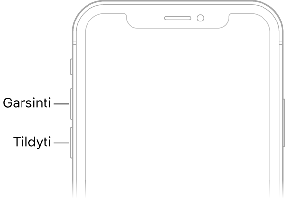 Viršutinė priekinė „iPhone“ dalis su garsinimo bei tylinimo mygtukais viršuje kairėje.