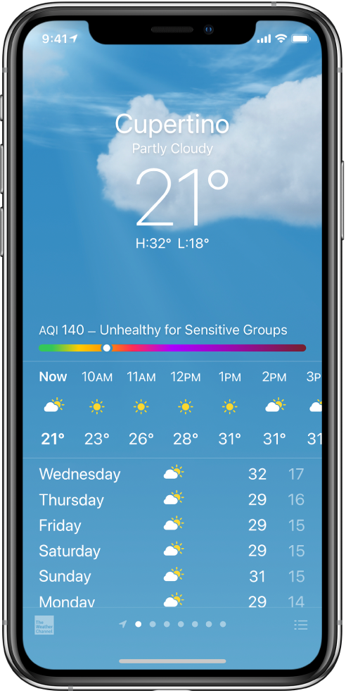 „Weather“ programos ekrane rodoma vietovė, dabartinė temperatūra, aukščiausios ir žemiausios dienos temperatūros, oro kokybės indekso diagrama, nurodanti sveikatai kenksmingas oro sąlygas jautrioms žmonių grupėms. Ekrano viduryje rodoma dabartinė valandinė orų prognozė, o žemiau yra artimiausių 7 dienų orų prognozė. Taškelių eilė ekrano apačioje centre rodo, kiek lokacijų yra lokacijų sąraše. Apačioje dešiniame kampe yra mygtukas „Edit Cities“.