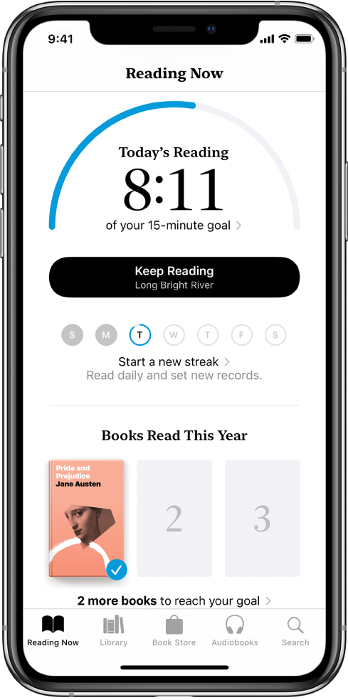 Srities „Reading Now“ dalis „Reading Goals“. Skaitymo skaitiklyje rodomos 10 minutės iš 20 minučių skaitymo tikslo. Langelio apačioje yra „Keep Reading“ mygtukas ir apskritimai su savaitės dienomis (nuo sekmadienio iki šeštadienio) – skaitymo progresas rodomas mėlyna linija aplink apskritimą. Puslapio apačioje yra šiais metais perskaitytų knygų viršeliai.