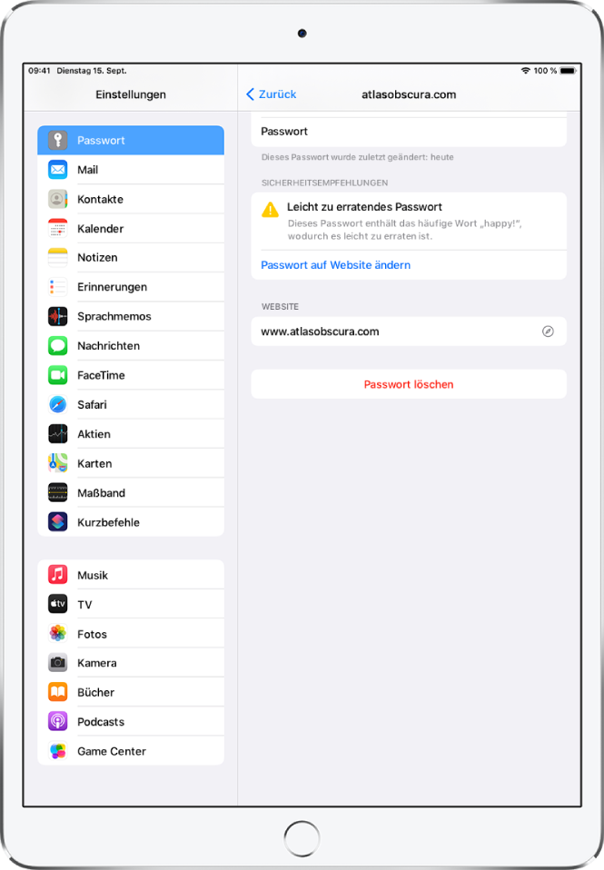 Anzeige für einen Account in den Einstellungen für die Passwörter. Eine Sicherheitsempfehlung lautet: „Leicht zu erratendes Passwort. Dieses Passwort enthält das häufige Wort ,Happy‘, wodurch es leicht zu erraten ist.“ Unter der Sicherheitsempfehlung ist die Taste „Passwort auf Website ändern“ zu sehen.