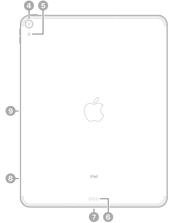 La vue de dos de l’iPad Pro, avec des légendes liées aux éléments suivants, dans le sens horaire à partir du coin supérieur gauche : appareil photo arrière, flash, Smart Connector, connecteur USB-C, support pour carte SIM (Wi-Fi   Cellular) et connecteur magnétique pour l’Apple Pencil.