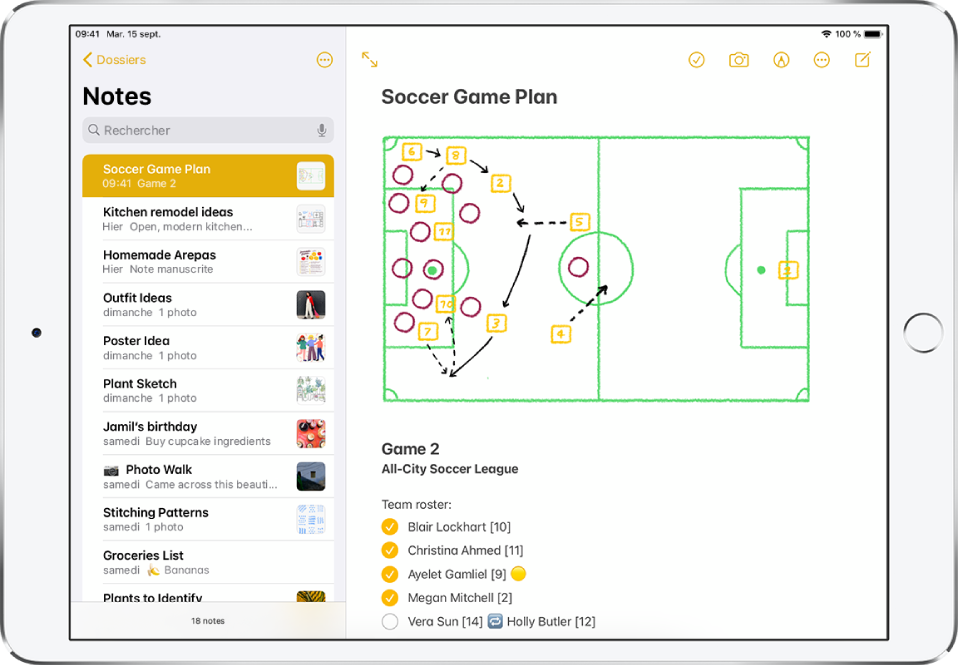 L’iPad en orientation paysage et affiche l’app Notes. La liste des notes apparaît sur la gauche et la note sélectionnée est ouverte sur la droite. Dans le coin supérieur gauche de la liste des notes se trouve une flèche de retour que vous pouvez toucher pour afficher les dossiers et les comptes. En haut à droite de la note se trouvent des boutons permettant de collaborer avec d’autres personnes sur la note, de supprimer la note, d’envoyer la note à d’autres personnes et de créer une autre note. En bas à droite de la note se trouvent des boutons pour ajouter une liste de pointage, ajouter une photo ou numériser un document et afficher des outils d’écriture.