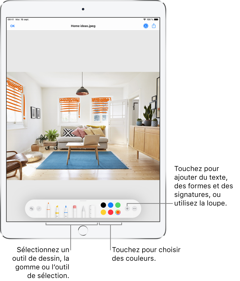 Une image dans une fenêtre d’annotation. Sous l’image, de gauche à droite, se trouvent les boutons permettant d’utiliser les outils d’annotation : des stylos pour dessiner, une gomme, un outil de sélection, des couleurs et des boutons permettant d’ajouter une zone de texte, votre signature et des formes, puis un autre pour sélectionner la loupe.