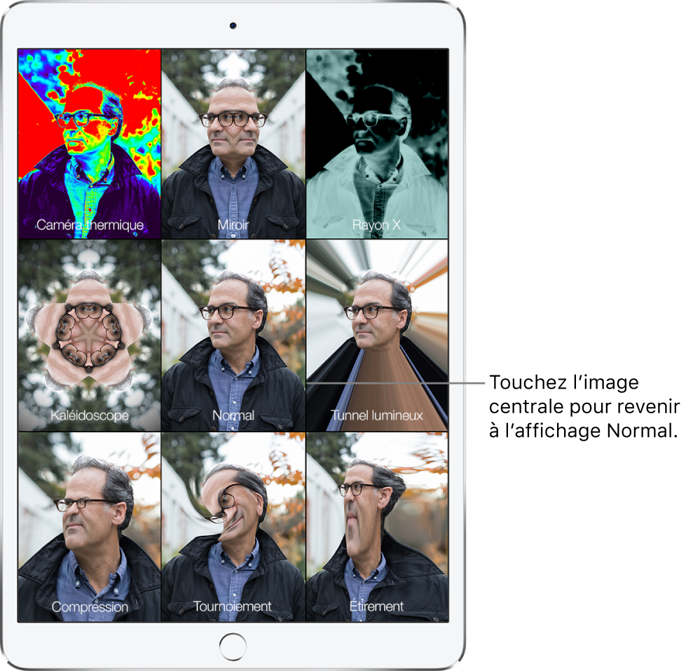 Un écran Photo Booth montrant neuf vues du visage d’un homme, avec différents effets appliqués dans des tuiles distinctes. Dans la rangée du haut se trouvent, de gauche à droite, les effets Caméra thermique, Miroir et Rayon X. Dans la rangée du milieu se trouvent, de gauche à droite, les effets Kaléidoscope, Normal et Tunnel lumineux. Dans la rangée du bas se trouvent, de gauche à droite, les effets Compression, Tournoiement et Étirement.