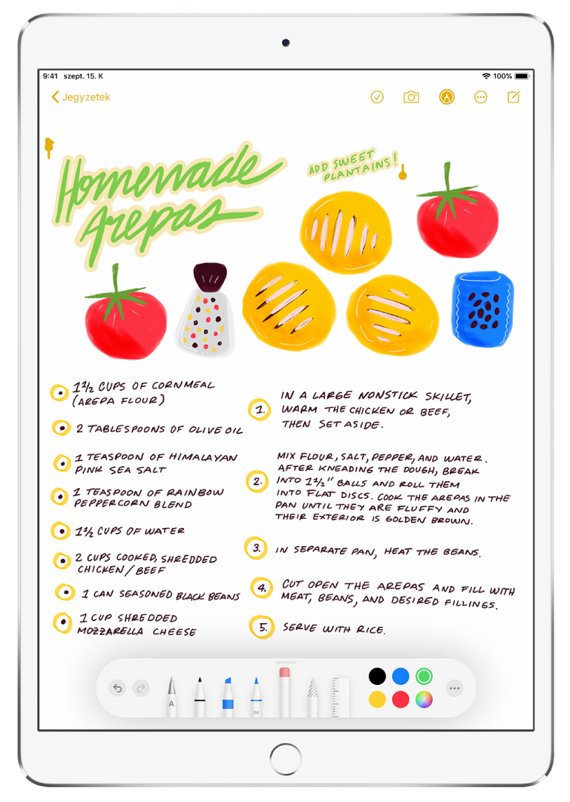 Jegyzetben lévő rajz és kézzel írt recept a Jegyzetek alkalmazásban. A képernyő tetején a recept címe van kijelölve. A képernyő alján az eszközsor megjeleníti a kézírás módosításához kiválasztott színt.