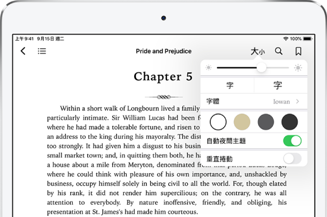 書籍中已選取外觀選單，由上至下顯示亮度、字體大小、字體樣式、頁面顏色、自動夜間主題和捲動顯示方式的控制項目。