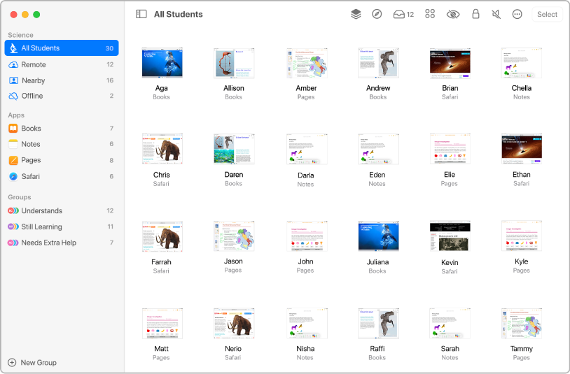 The Classroom window on Mac, with the button Screens highlighted. The screen of each selected student is displayed in the lower part of the screen.